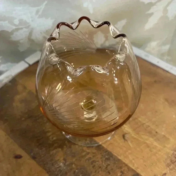 Vintage PINK DEPRESSION GLASS Footed  SNIFTER Centerpiece Bowl Etched Ruffle Rim - Picture 2 of 3